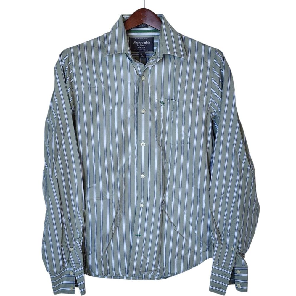 Abercrombie & Fitch Muscle Button Down Shirt Mens L Green Striped Long Sleeve